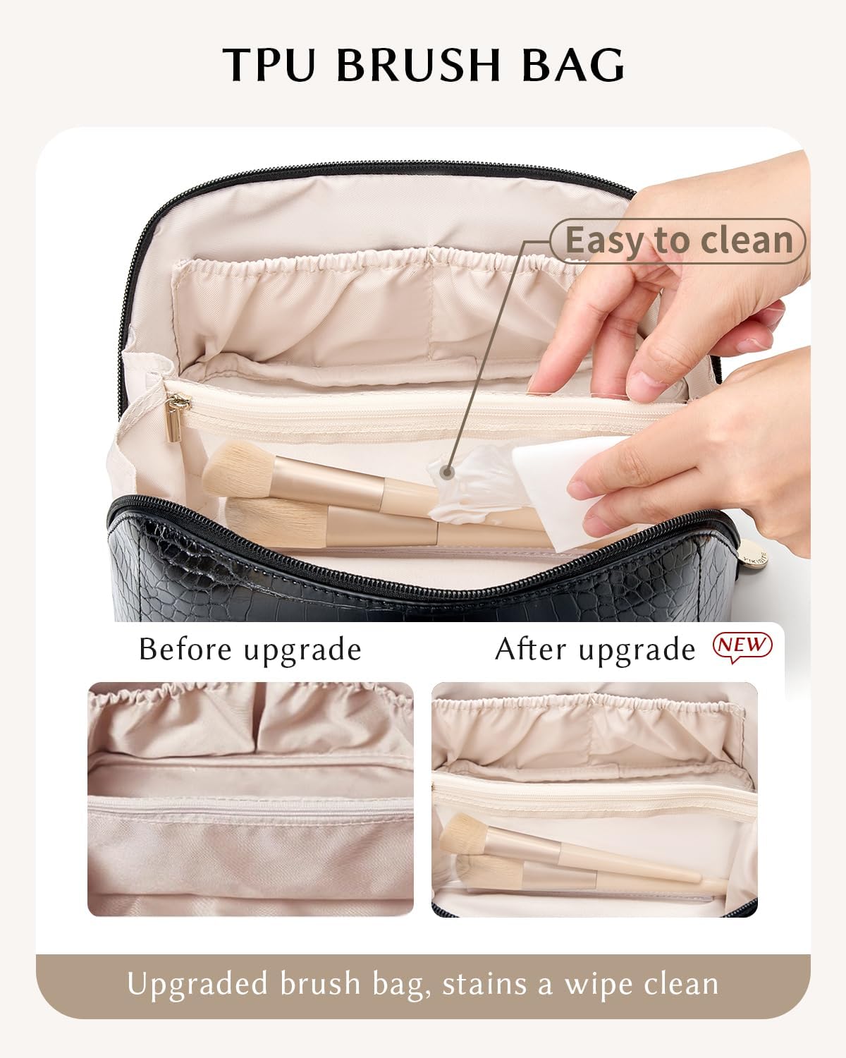 Make Up Bag, Cosmetic Organizer for Women, Waterproof Croc PU Leather Makeup Organizer with Divider and Handle Toiletry Bag Travel Bag (Croc Embossed, Black)