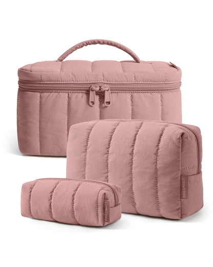 BAGSMART Travel Makeup Bag Set, 3 Pc Puffy Cosmetic Pouch, Camel