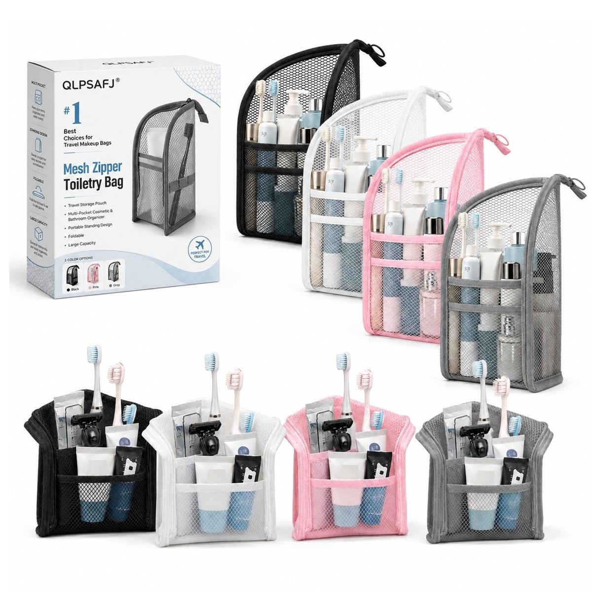 Mesh Zipper Toiletry Bag for Travel Storage Pouch Multi-pocket Travel Cosmetic Bathroom Count Hanging Organizer Portable Standing Makeup Foldable Clear Waterproof EVA Large Capacity(2pc-c)