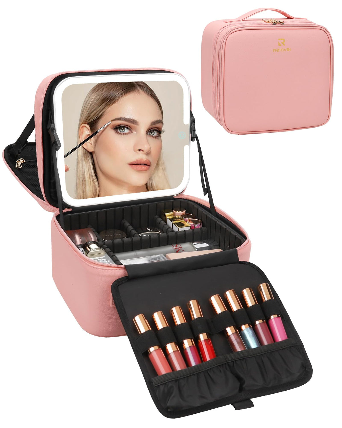 Chomeiu Makeup Bag with LED Mirror, Travel Cosmetic Bag with Shoulder Strap