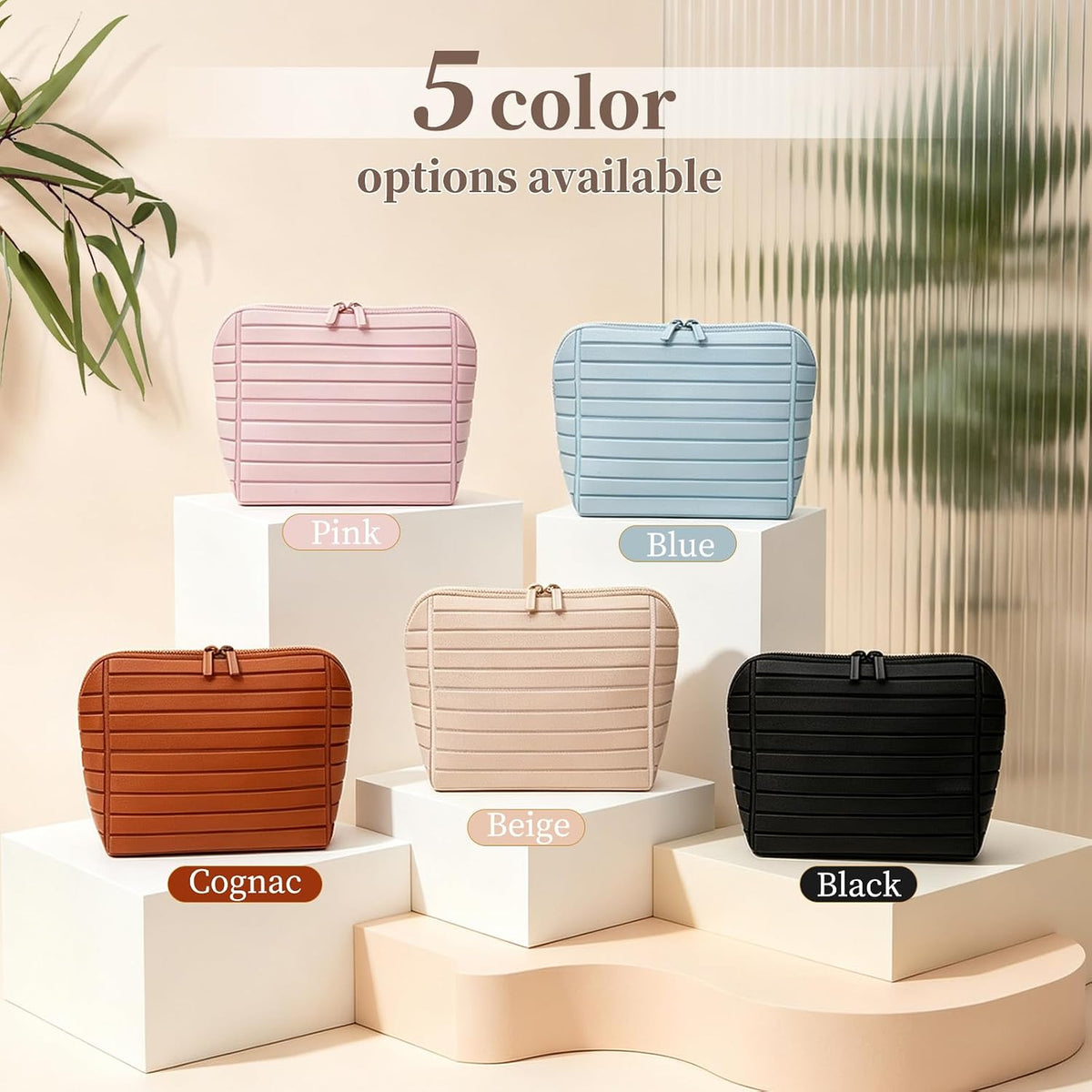 Travel Makeup Bag for Women, Fold Down Stand-Up Striped Makeup Organizer with Adjustable Dividers, 24 Pockets, 5 Brush Holders, Waterproof PVC Cosmetic Toiletry Bag for Travel, Beige