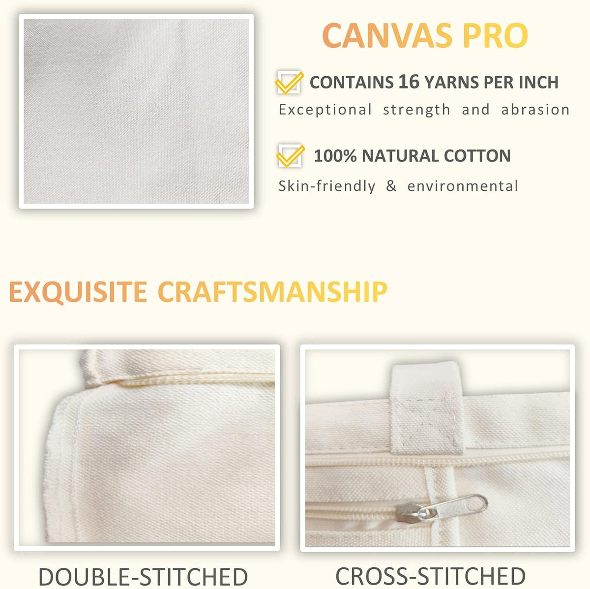 Canvas Tote Bag, Pockets, Zipper, Durable, Lightweight, Cotton Shopping Cloth Bag, Gifts