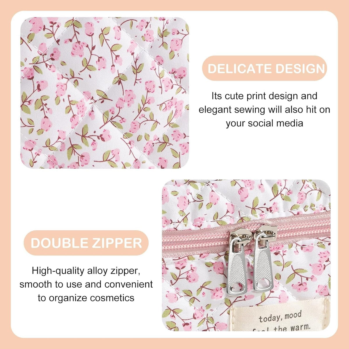 Makeup Bag for Women Quilted Cotton Make Up Bag Travel Cosmetic Bag Large Makeup Bag Cute Makeup Bags Organizer Floral Toiletry Bag Makeup Pouch for Purse, Pink Floral A-1PCS