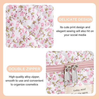 Makeup Bag for Women Quilted Cotton Make Up Bag Travel Cosmetic Bag Large Makeup Bag Cute Makeup Bags Organizer Floral Toiletry Bag Makeup Pouch for Purse, Pink Floral A-1PCS