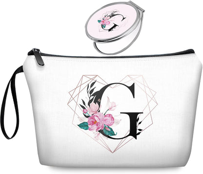 Initial G Bride Gifts for Women – Personalized Letter G Travel Makeup Bag Set with Mirror, Monogram G Cosmetic Pouch for Bridesmaid Maid of Honor Wedding Bridal Shower