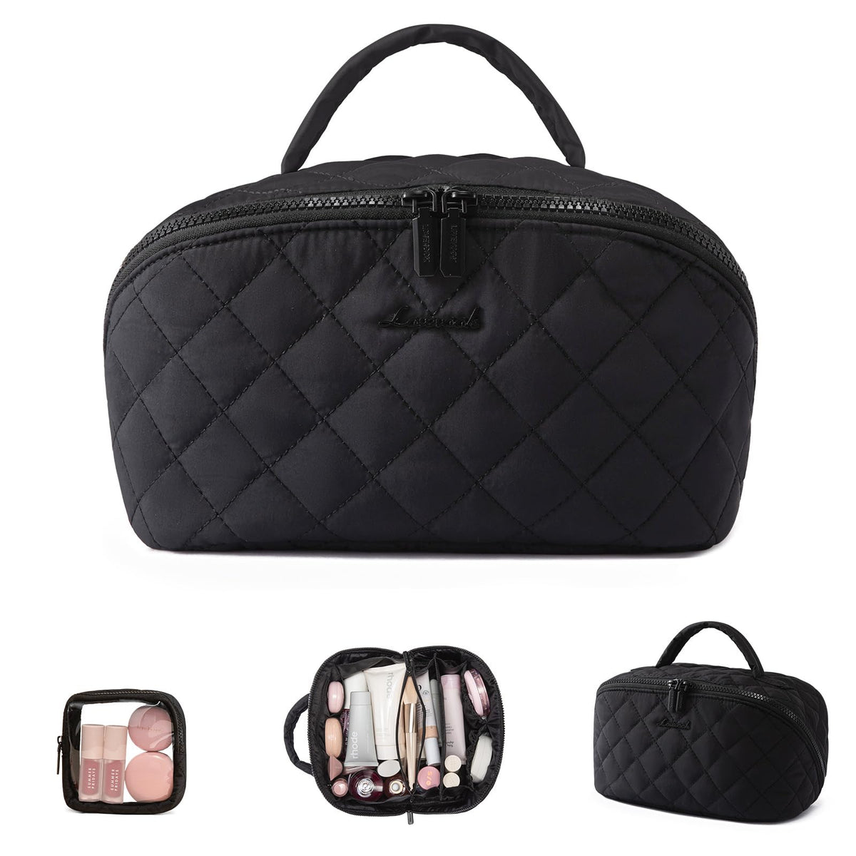 LOVEVOOK Travel Makeup Bag for Women, 2Pcs Puffer Waterproof Cosmetic Organizer, Large Capacity Pouch Open Flat Small Toiletry Bag with Brush Compartment & Handle (Pink, Medium)