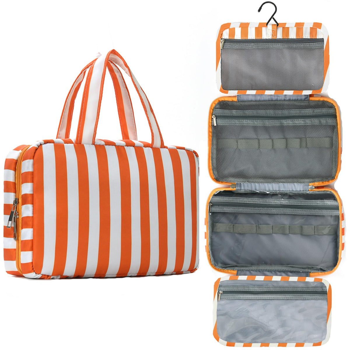 Toiletry Bag for Women Travel Water-resistant Cosmetic Bag Fashion Stripes Makeup Bag with Hanging Hook Preppy for Store Toiletries Cosmetic Accessories Medium Pink