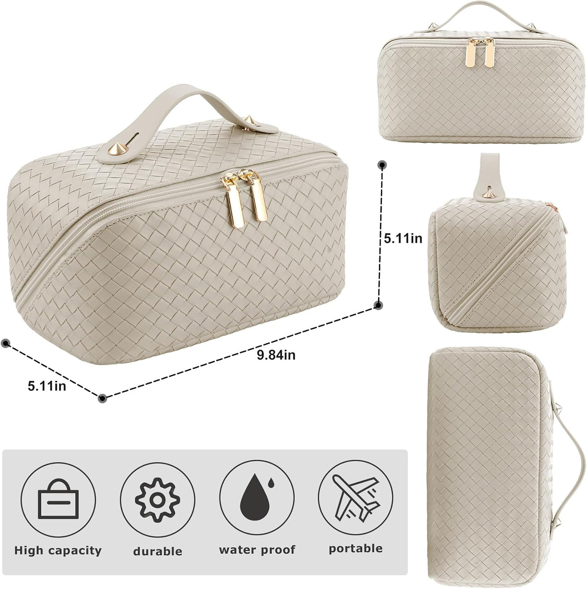 ALEXTINA Travel Makeup Bag, Woven PU Leather Cosmetic Bag, Khaki