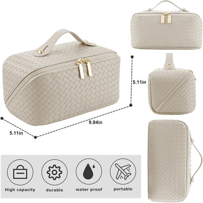 ALEXTINA Travel Makeup Bag, Woven PU Leather Cosmetic Bag, Khaki