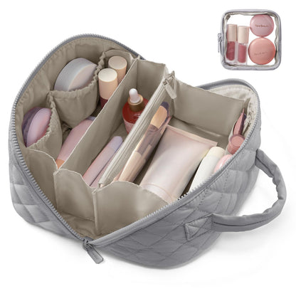 LOVEVOOK Travel Makeup Bag for Women, 2Pcs Puffer Waterproof Cosmetic Organizer, Large Capacity Pouch Open Flat Small Toiletry Bag with Brush Compartment & Handle (Pink, Medium)