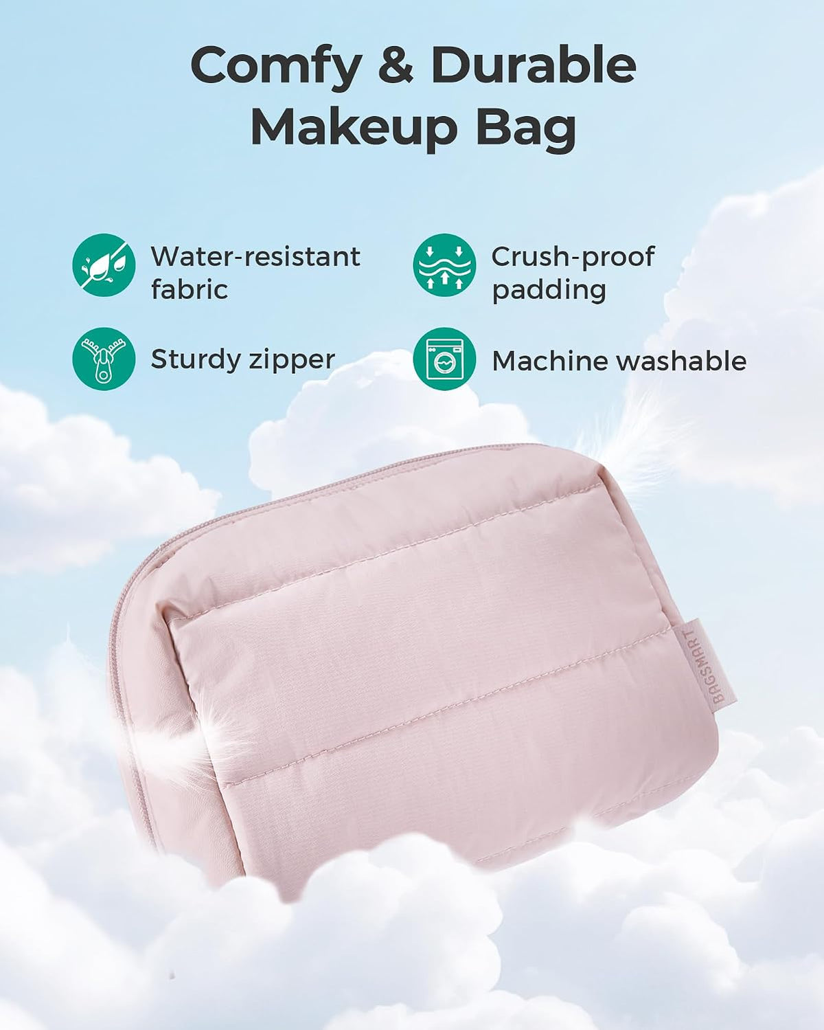 BAGSMART Small Makeup Bag, Puffy Wide-open Zipper Cosmetic Pouch, Pink
