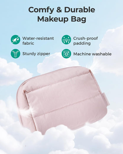 BAGSMART Small Makeup Bag, Puffy Wide-open Zipper Cosmetic Pouch, Pink