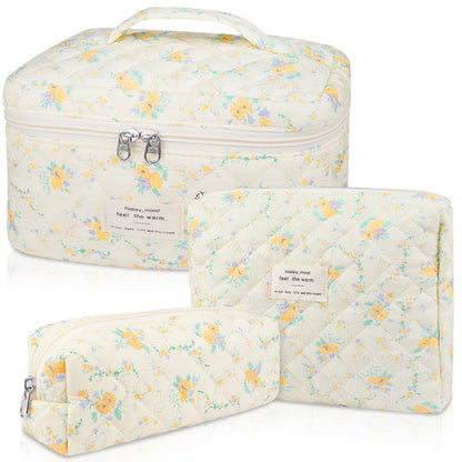 Gosect Makeup Bag Set, Quilted Makeup Bags, Large Floral Cosmetic Bag for Women, Cute Cotton Makeup Bags, Flower Travel Toiletry Organizer Bag (Folk Style)