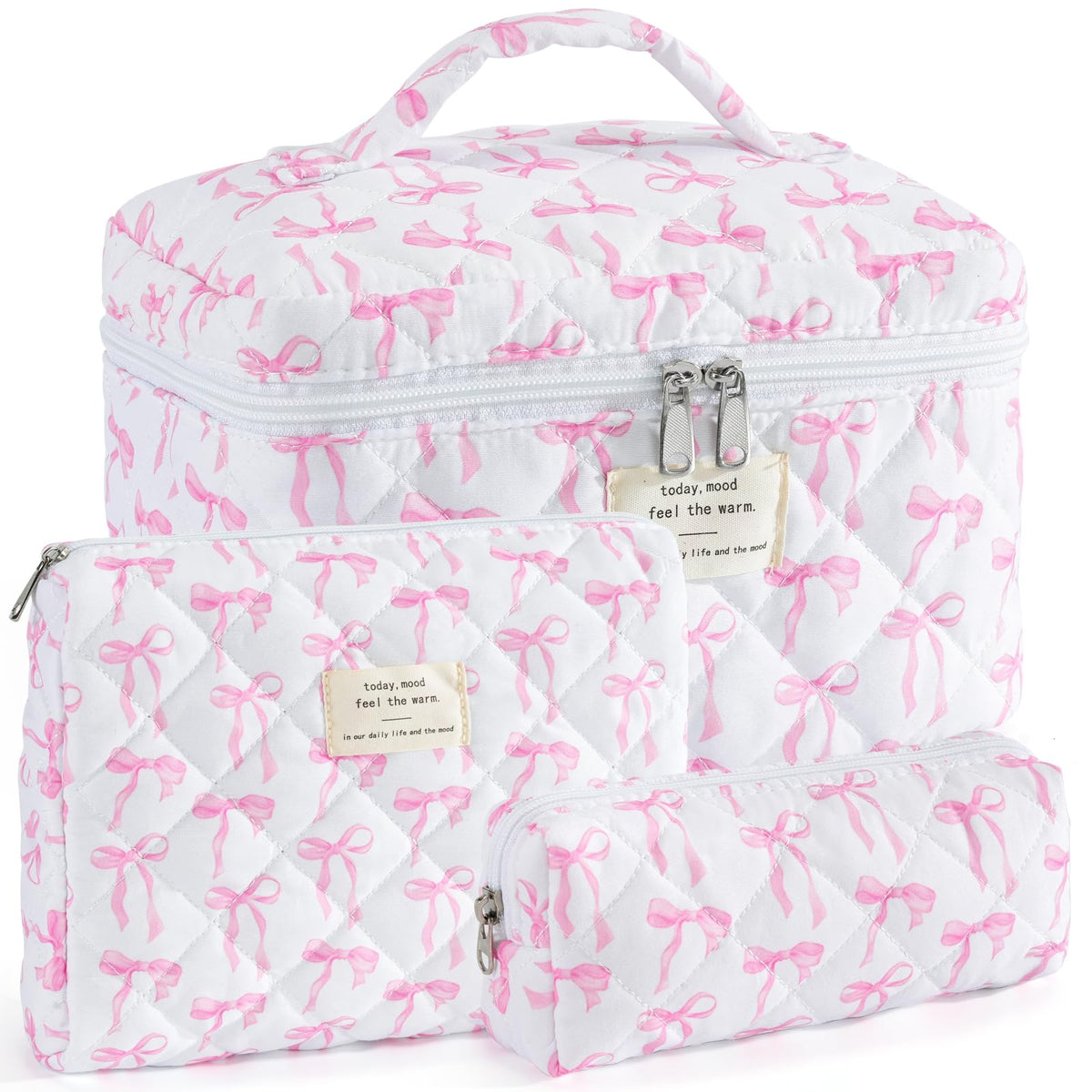 Makeup Bag for Women Quilted Cotton Make Up Bag Travel Cosmetic Bag Large Makeup Bag Cute Makeup Bags Organizer Floral Toiletry Bag Makeup Pouch for Purse, Pink Floral A-1PCS
