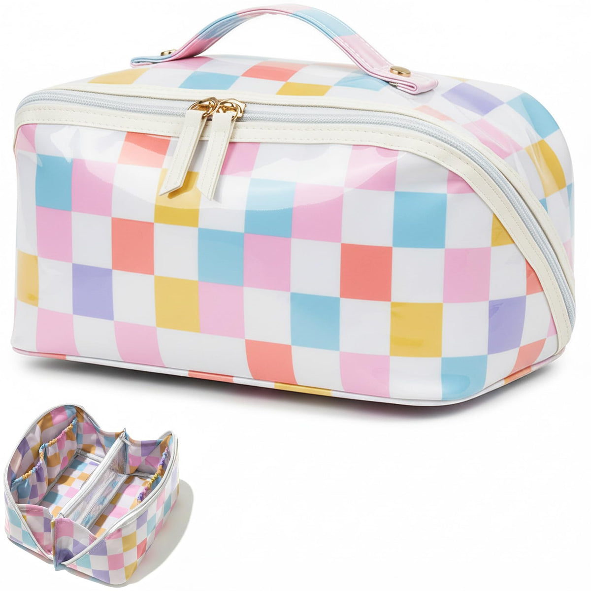 Preppy Stripe Clear Travel Makeup Bag, Waterproof Glossy PVC Cosmetic Organizer with Handle, Large Capacity Toiletry Bag for Women,Travel Organizer Zipper Pouch Beach Vacation Essentials (Pink White)