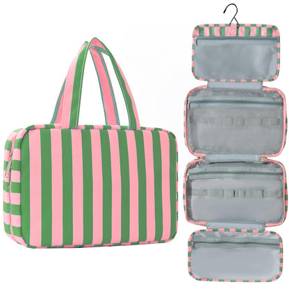 Toiletry Bag for Women Travel Water-resistant Cosmetic Bag Fashion Stripes Makeup Bag with Hanging Hook Preppy for Store Toiletries Cosmetic Accessories Medium Pink