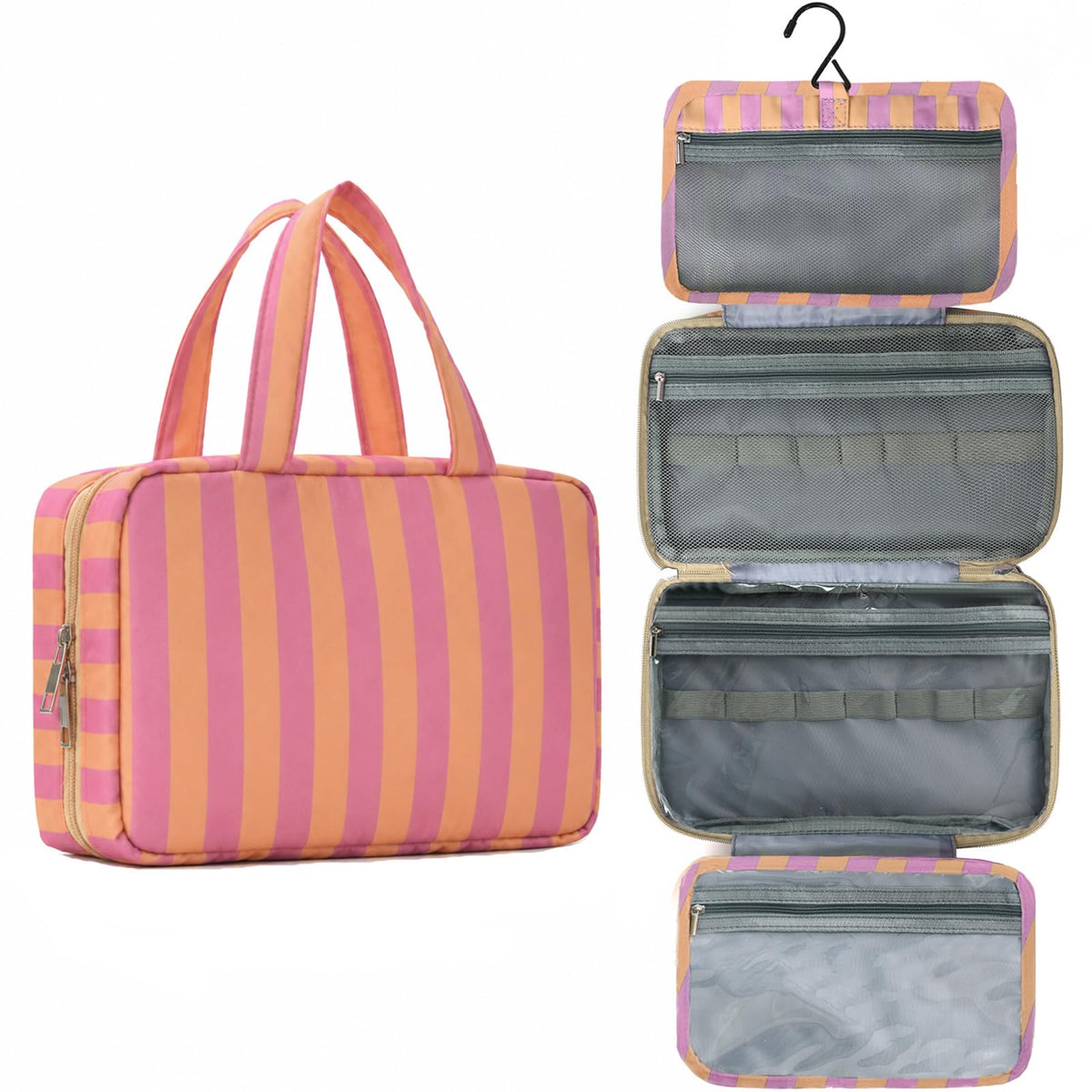 Toiletry Bag for Women Travel Water-resistant Cosmetic Bag Fashion Stripes Makeup Bag with Hanging Hook Preppy for Store Toiletries Cosmetic Accessories Medium Pink