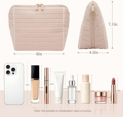 Travel Makeup Bag for Women, Fold Down Stand-Up Striped Makeup Organizer with Adjustable Dividers, 24 Pockets, 5 Brush Holders, Waterproof PVC Cosmetic Toiletry Bag for Travel, Beige