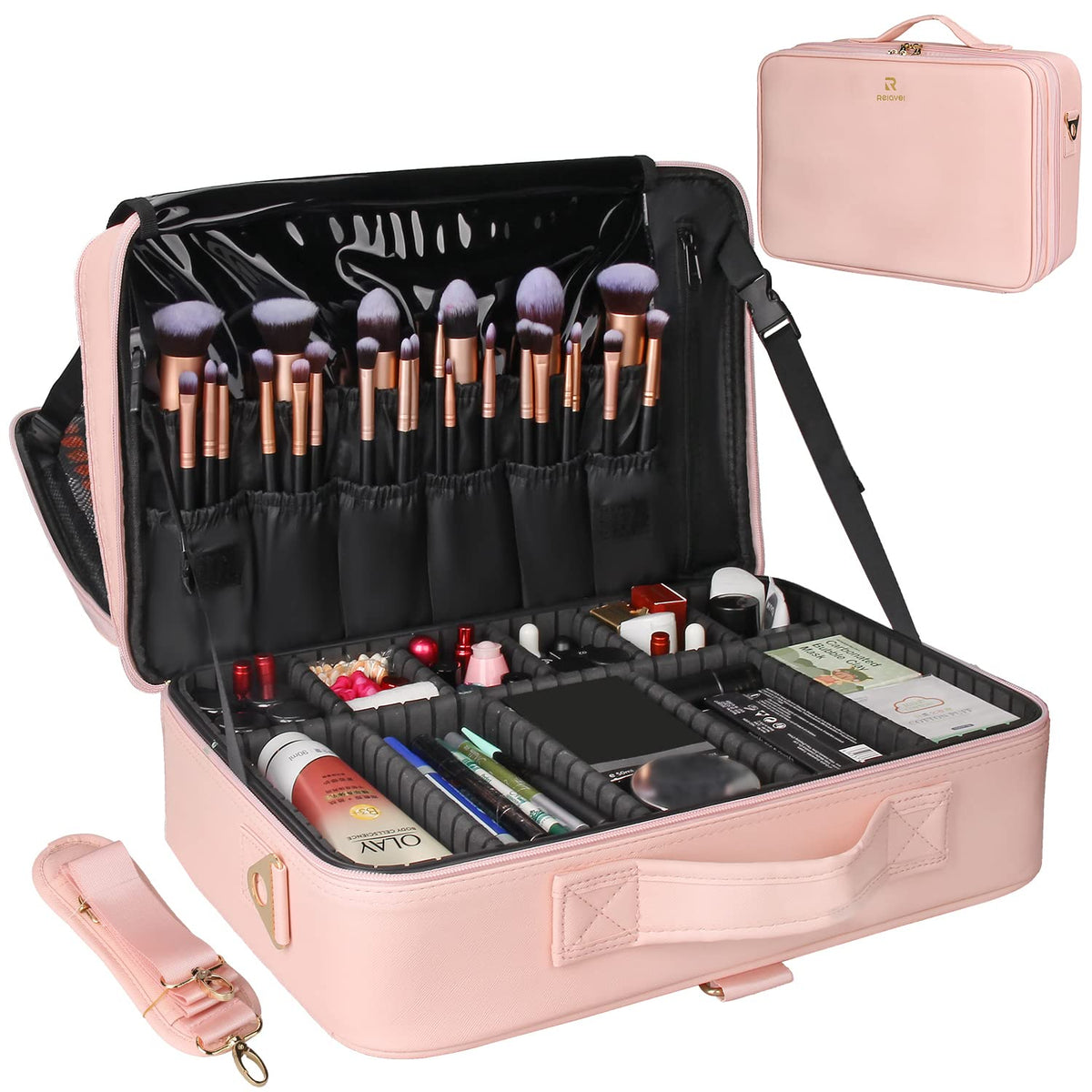 Relavel Makeup Bag Travel Makeup Train Case Large Cosmetic Case Professional Portable Makeup Brush Holder Organizer and Storage with Adjustable Dividers and Shoulder Strap Black