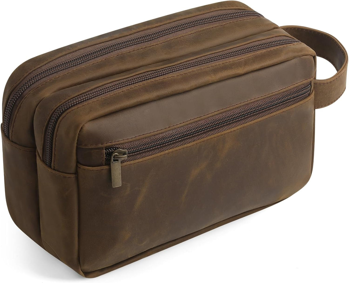 Genuine Leather Travel Toiletry Bag for Men Women, Cosmetic Makeup Bag Organizer Shaving Dopp Kit Travel Essential