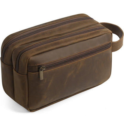 Genuine Leather Travel Toiletry Bag for Men Women, Cosmetic Makeup Bag Organizer Shaving Dopp Kit Travel Essential