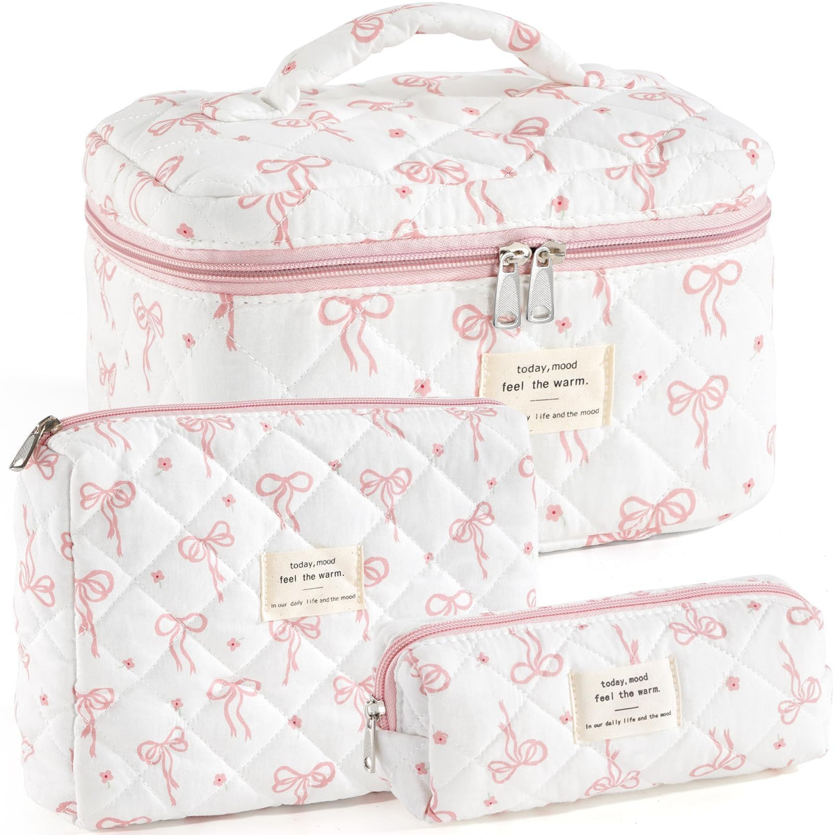 Makeup Bag for Women Quilted Cotton Make Up Bag Travel Cosmetic Bag Large Makeup Bag Cute Makeup Bags Organizer Floral Toiletry Bag Makeup Pouch for Purse, Pink Floral A-1PCS