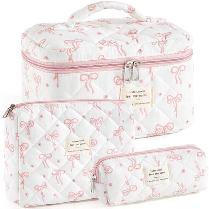 Makeup Bag for Women Quilted Cotton Make Up Bag Travel Cosmetic Bag Large Makeup Bag Cute Makeup Bags Organizer Floral Toiletry Bag Makeup Pouch for Purse, Pink Floral A-1PCS