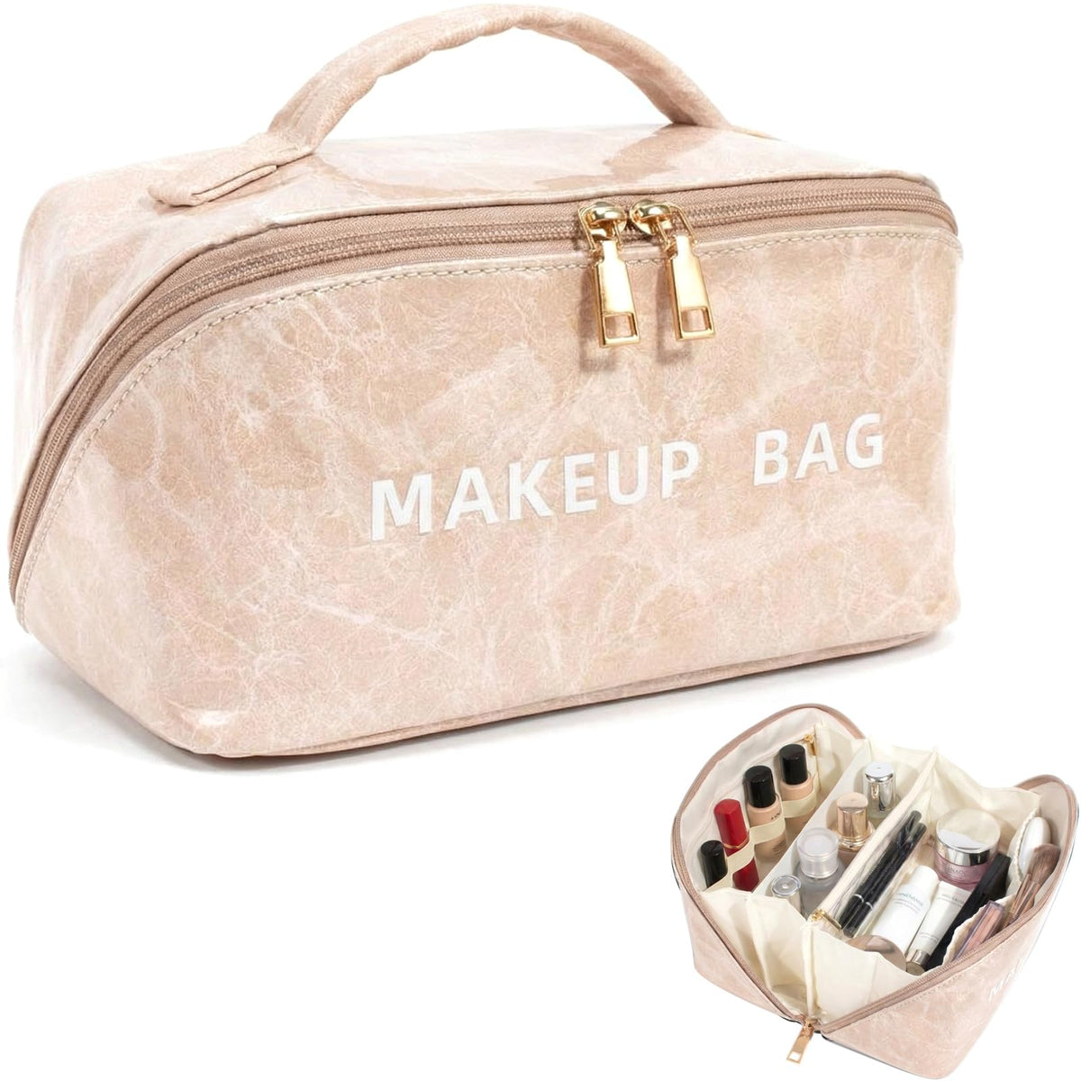 Preppy Stripe Clear Travel Makeup Bag, Waterproof Glossy PVC Cosmetic Organizer with Handle, Large Capacity Toiletry Bag for Women,Travel Organizer Zipper Pouch Beach Vacation Essentials (Pink White)