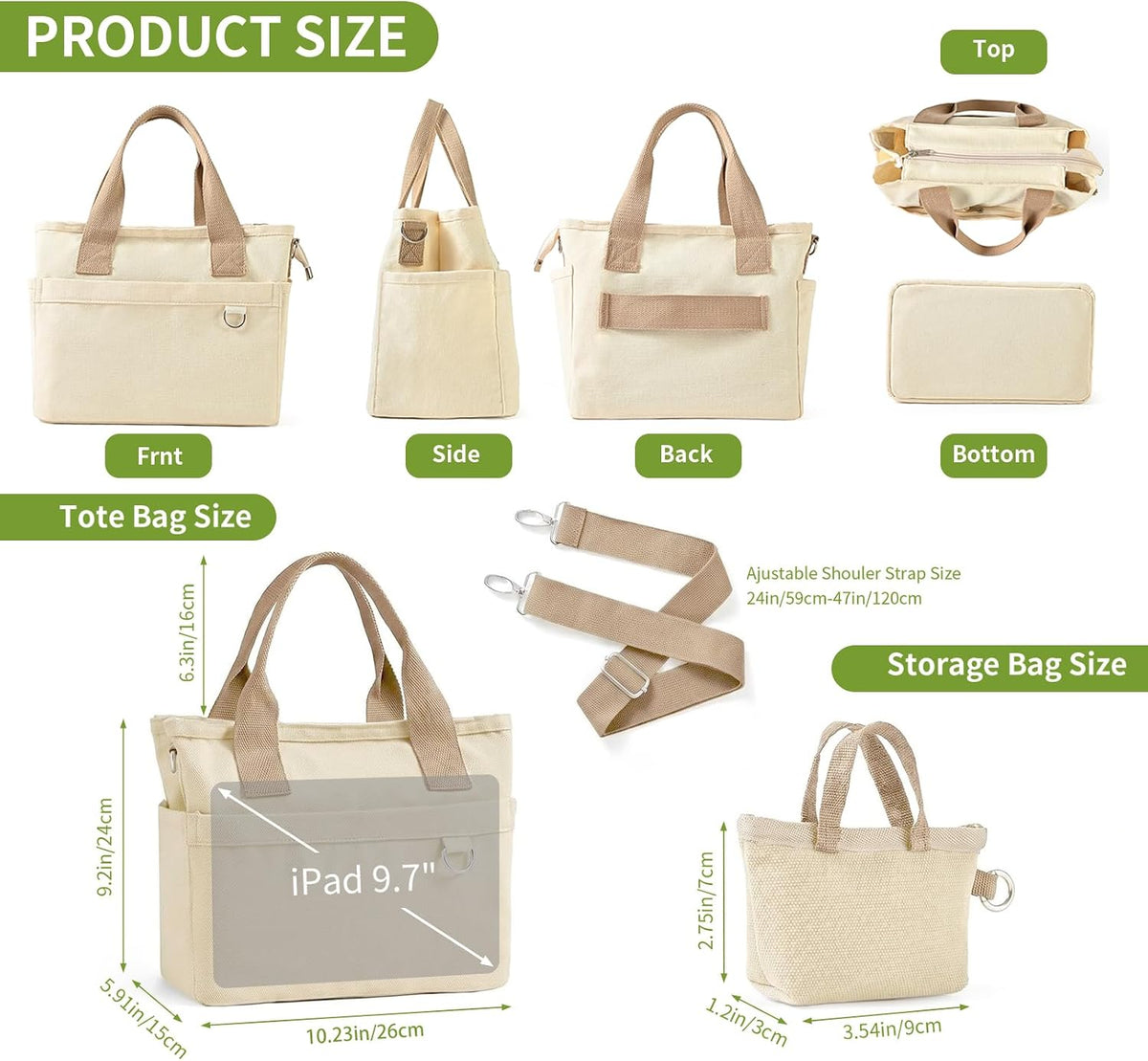 Small Canvas Tote Bag with Multi Pockets, Crossbody Shoulder Bag with Compartments and Zipper, Lightweight Adjustable