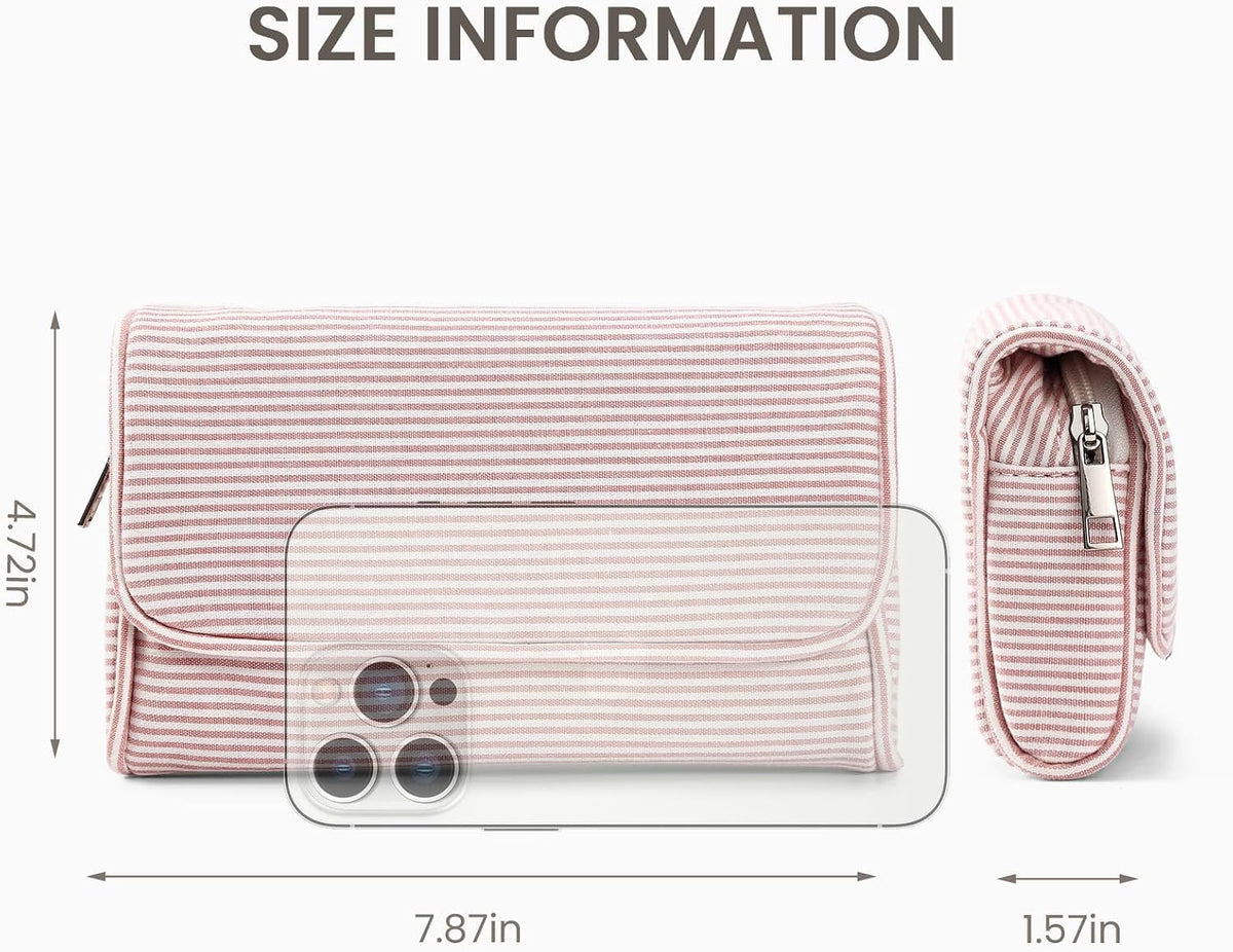 Women’s Cute Nylon Makeup Bag with Built-in Mirror, Protable Lightweight Cosmetic Bag, Trendy Toiletry Bag for Travel (Light Pink Stripe)