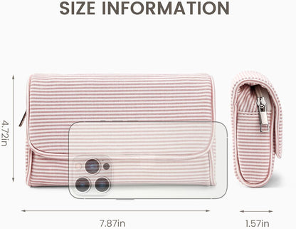 Women’s Cute Nylon Makeup Bag with Built-in Mirror, Protable Lightweight Cosmetic Bag, Trendy Toiletry Bag for Travel (Light Pink Stripe)