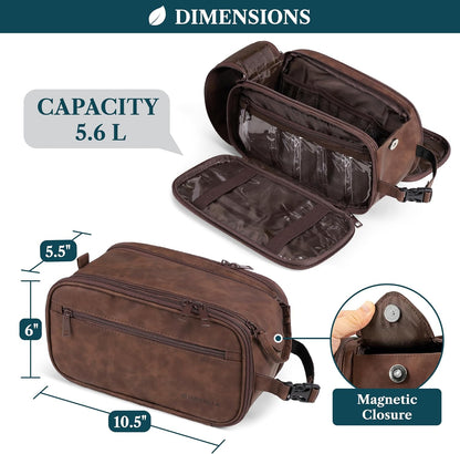 PAVILIA Toiletry Bag for Men, Hanging Travel Dopp Kit Organizer, PU Leather Water Resistant Bathroom Bag for Shaving Grooming, Large Capacity Cosmetic Bag Travel Essentials, Dark Brown