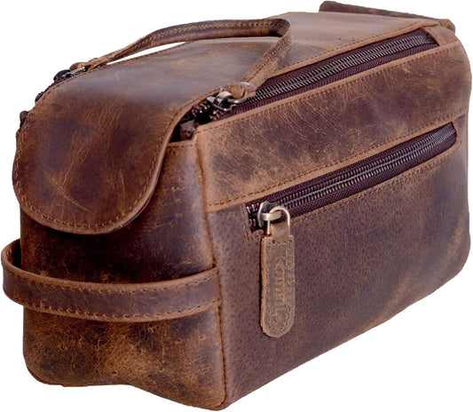 KomalC Buffalo Leather Toiletry Bag for Men & Women, Travel Pouch
