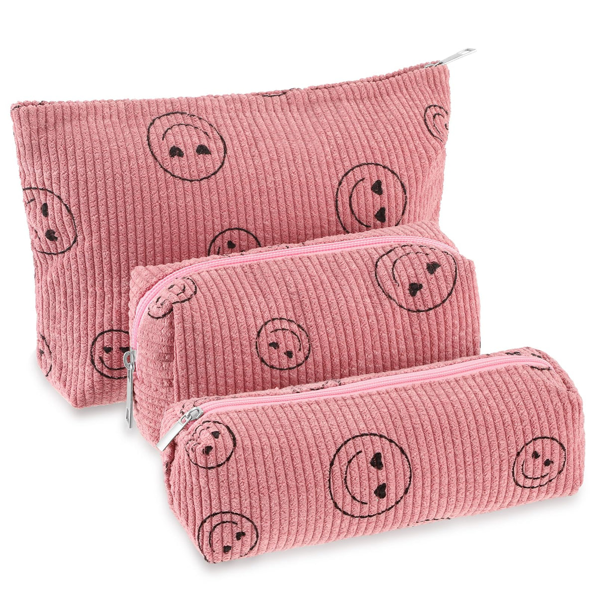 Huhumy 3 Pcs Corduroy Makeup Bag Set for Women, Pink, Solid Style