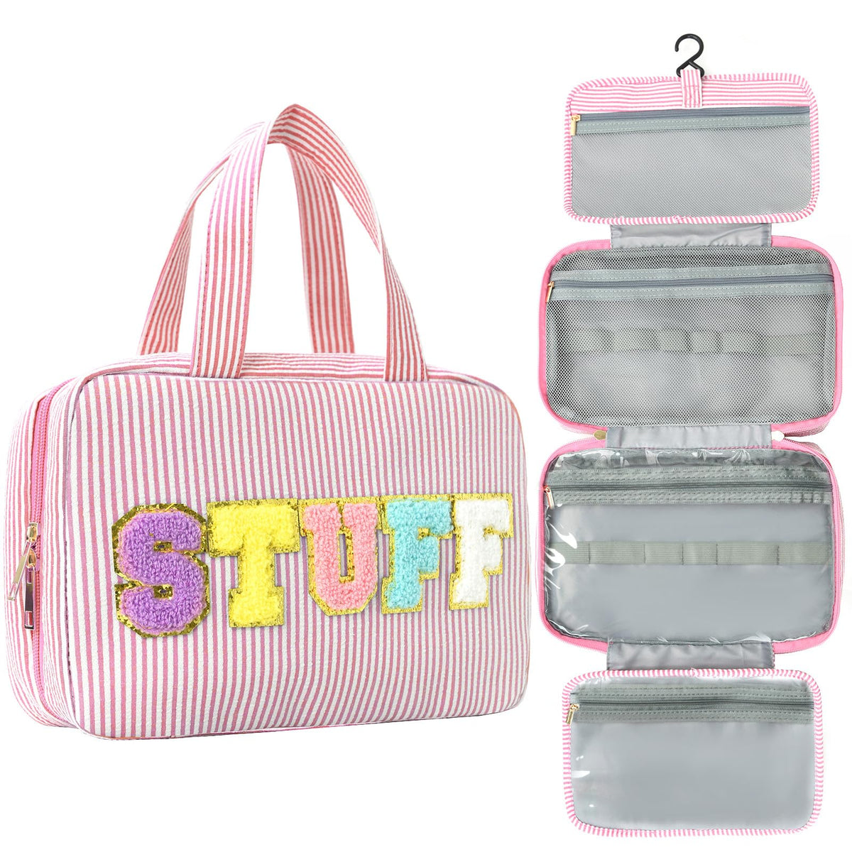Toiletry Bag for Women Travel Water-resistant Cosmetic Bag Fashion Stripes Makeup Bag with Hanging Hook Preppy for Store Toiletries Cosmetic Accessories Medium Pink