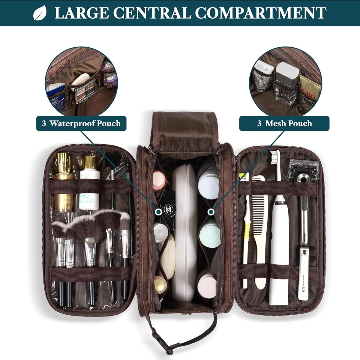 PAVILIA Toiletry Bag for Men, Hanging Travel Dopp Kit Organizer, PU Leather Water Resistant Bathroom Bag for Shaving Grooming, Large Capacity Cosmetic Bag Travel Essentials, Dark Brown