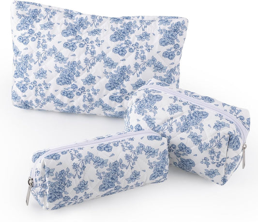 3 Pack Quilted Makeup Bag Floral Toiletry Bag for Traveling Women Girls