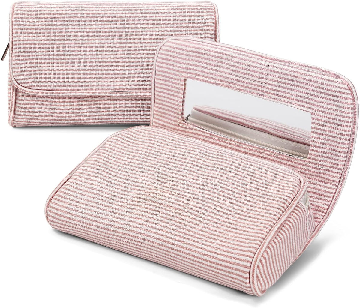 Women’s Cute Nylon Makeup Bag with Built-in Mirror, Protable Lightweight Cosmetic Bag, Trendy Toiletry Bag for Travel (Light Pink Stripe)