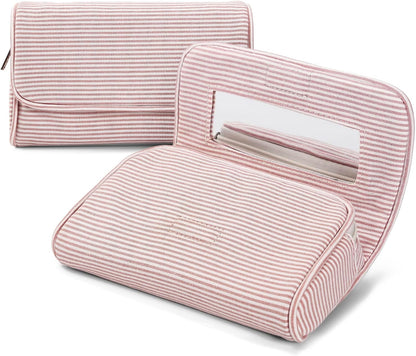 Women’s Cute Nylon Makeup Bag with Built-in Mirror, Protable Lightweight Cosmetic Bag, Trendy Toiletry Bag for Travel (Light Pink Stripe)