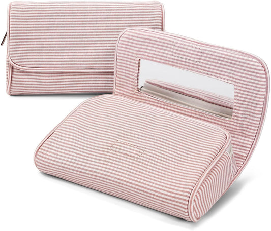 Women’s Cute Nylon Makeup Bag with Built-in Mirror, Protable Lightweight Cosmetic Bag, Trendy Toiletry Bag for Travel (Light Pink Stripe)