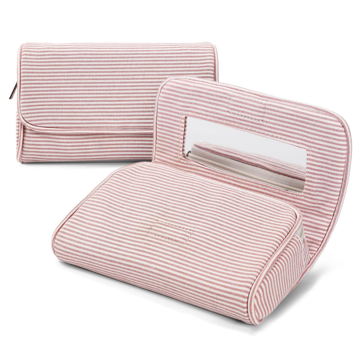 Women’s Cute Nylon Makeup Bag with Built-in Mirror, Protable Lightweight Cosmetic Bag, Trendy Toiletry Bag for Travel (Light Pink Stripe)