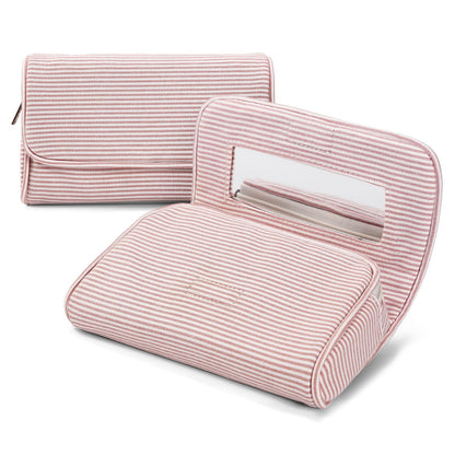 Women’s Cute Nylon Makeup Bag with Built-in Mirror, Protable Lightweight Cosmetic Bag, Trendy Toiletry Bag for Travel (Light Pink Stripe)