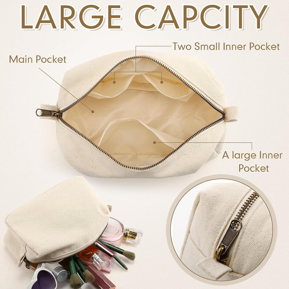 Canvas Makeup Bag for Women Beige Cosmetic Pouch with Zipper