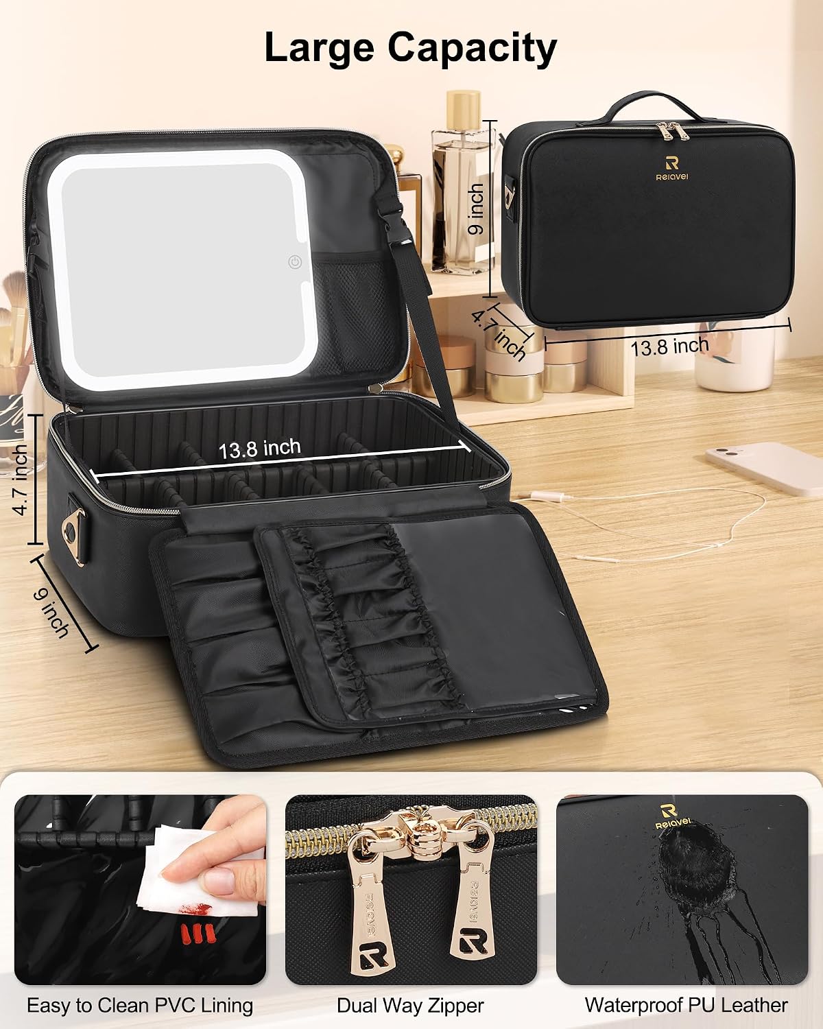 Chomeiu Makeup Bag with LED Mirror, Travel Cosmetic Bag with Shoulder Strap