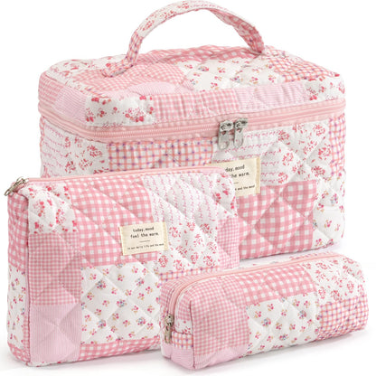 Makeup Bag for Women Quilted Cotton Make Up Bag Travel Cosmetic Bag Large Makeup Bag Cute Makeup Bags Organizer Floral Toiletry Bag Makeup Pouch for Purse, Pink Floral A-1PCS
