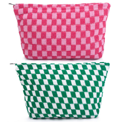 SOIDRAM 2 Pieces Makeup Bag Large Checkered Cosmetic Bag Capacity Canvas Mix Travel Toiletry Bag Organizer Cute Makeup Brushes Aesthetic Accessories Storage Bag for Women, Checkered Mix Rose Red