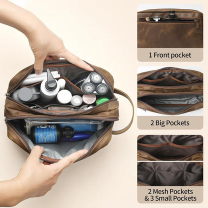 Genuine Leather Travel Toiletry Bag for Men Women, Cosmetic Makeup Bag Organizer Shaving Dopp Kit Travel Essential