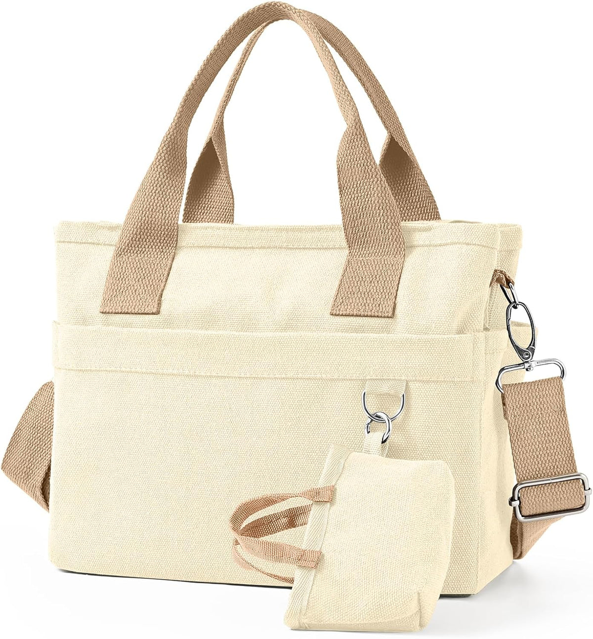 Small Canvas Tote Bag with Multi Pockets, Crossbody Shoulder Bag with Compartments and Zipper, Lightweight Adjustable