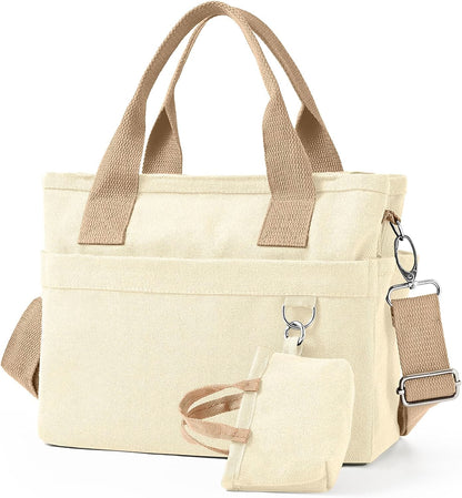 Small Canvas Tote Bag with Multi Pockets, Crossbody Shoulder Bag with Compartments and Zipper, Lightweight Adjustable