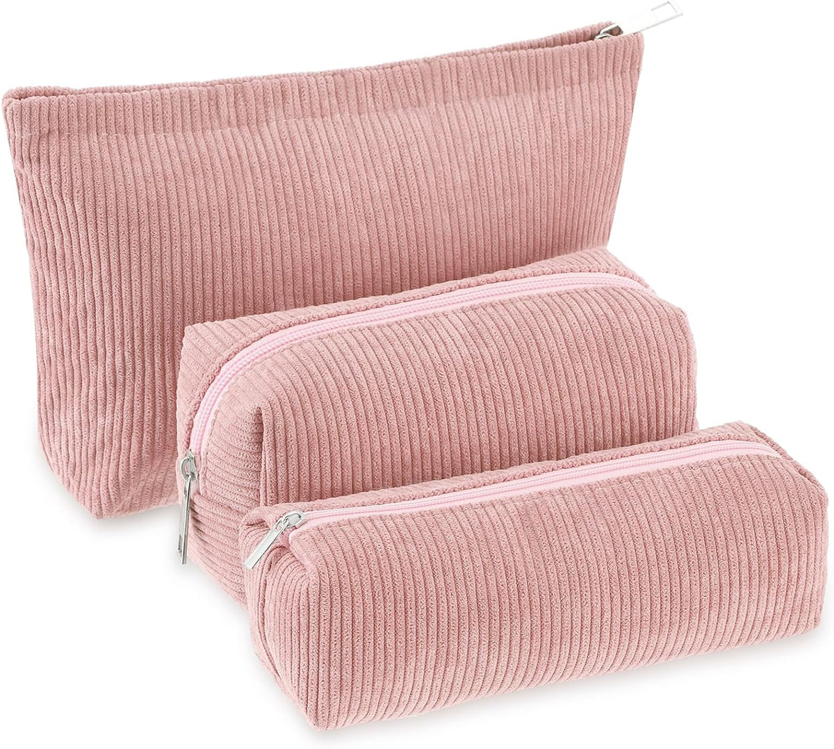 Huhumy 3 Pcs Corduroy Makeup Bag Set for Women, Pink, Solid Style
